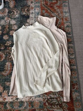 Cream Ribbed Long-Sleeve Top & Blush Turtleneck Layering Set